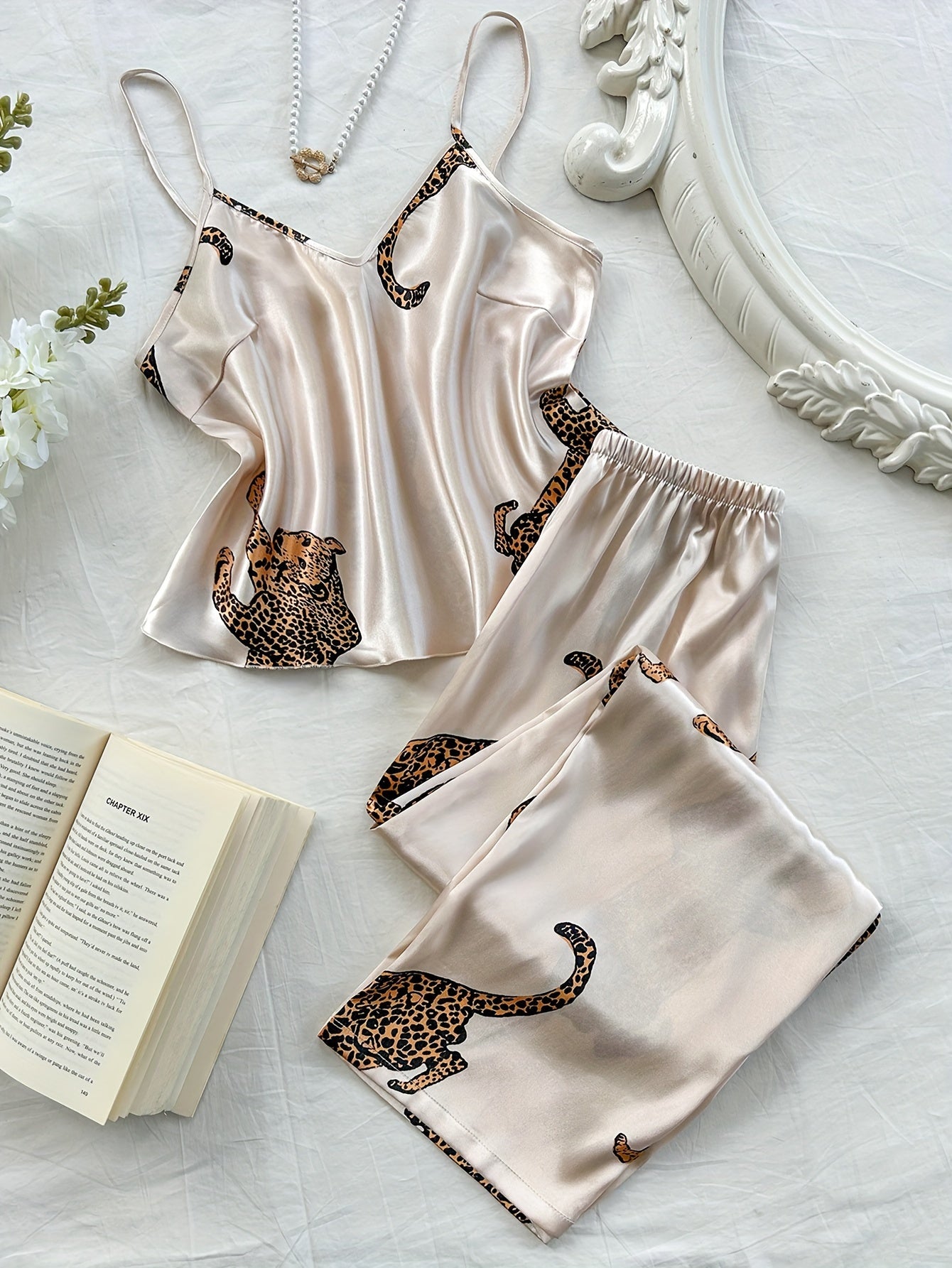 Leopard Print Fashionable Comfort V-Neck Camisole Long Pants Pajama Set 2pcs